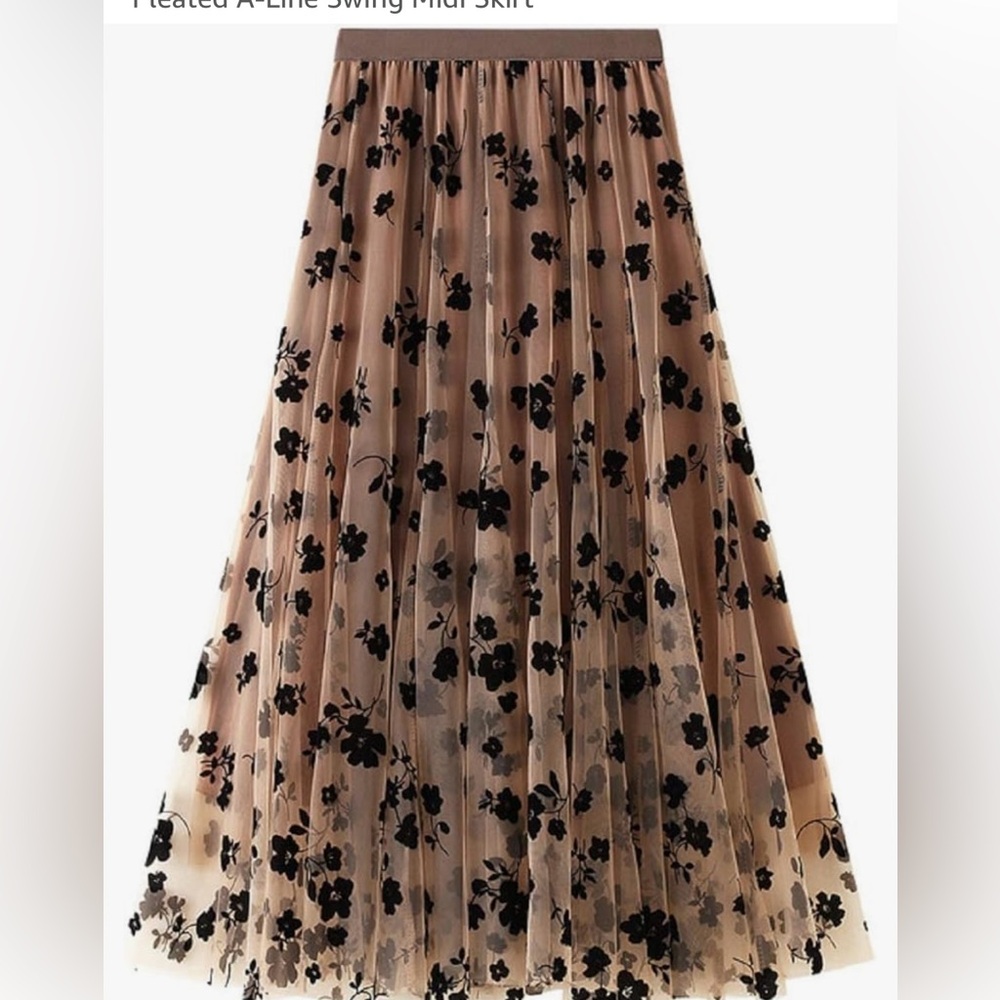 Women's Elastic High Waist Tulle Ruffle Pleated A-Line Swing Midi Skirt